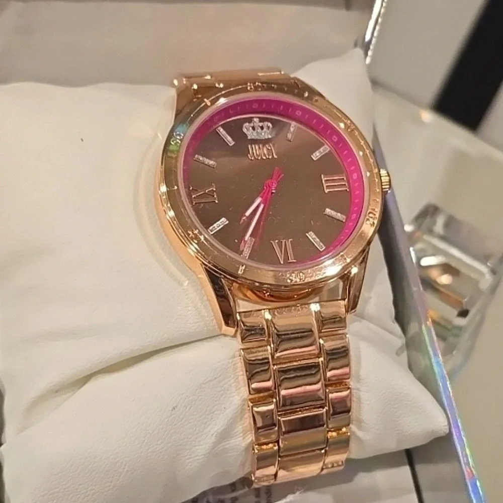 Juicy Couture Black Label Rhinestone Crown Logo Gold Rose Tone Braclet‎ Watch